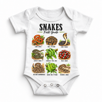 Snake field guide graphic on a white baby bodysuit
