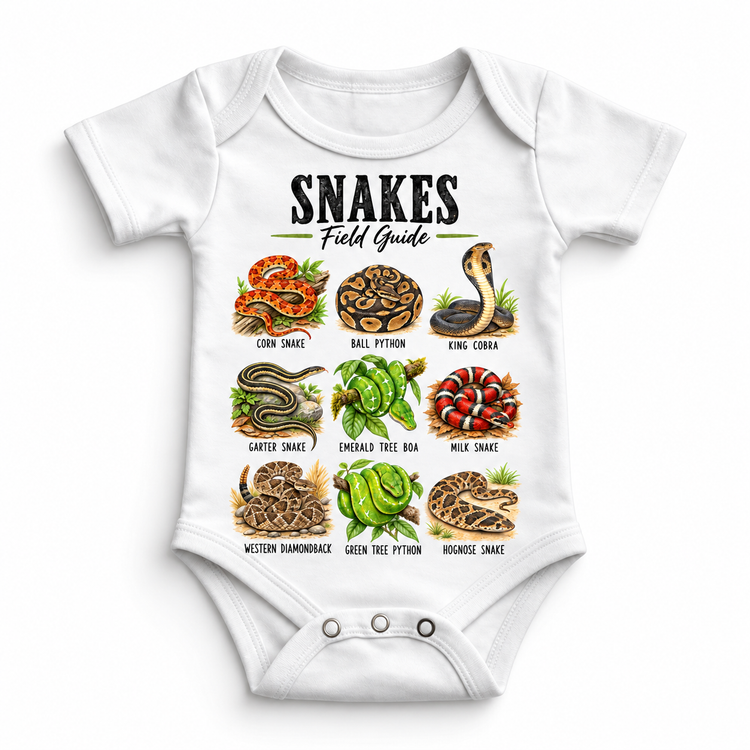 Snake field guide graphic on a white baby bodysuit