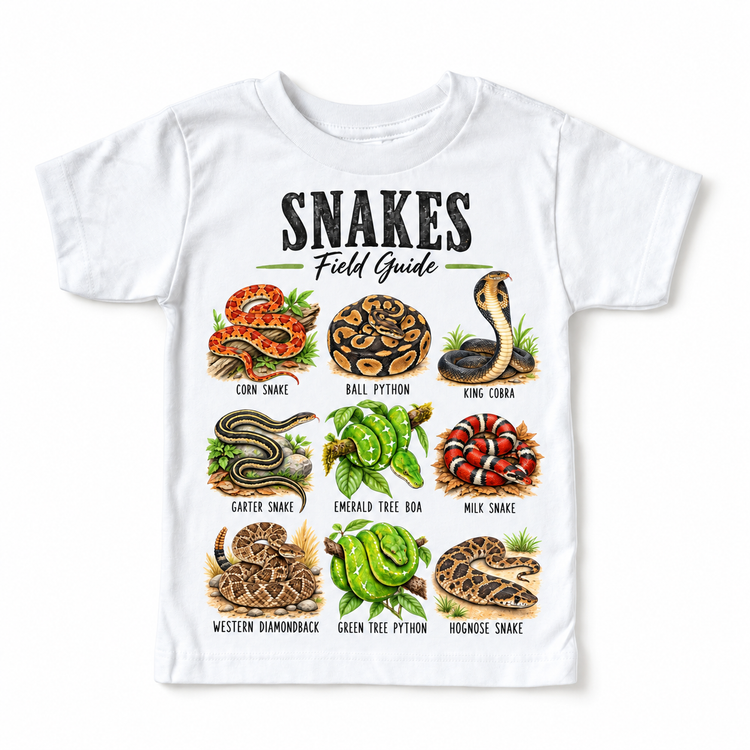 Snake field guide graphic on a white short sleeve tee