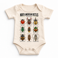 Beetle field guide graphic on a natural baby bodysuit