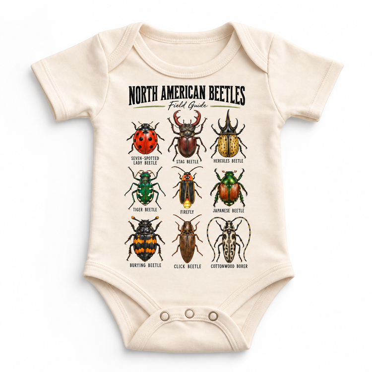 Beetle field guide graphic on a natural baby bodysuit