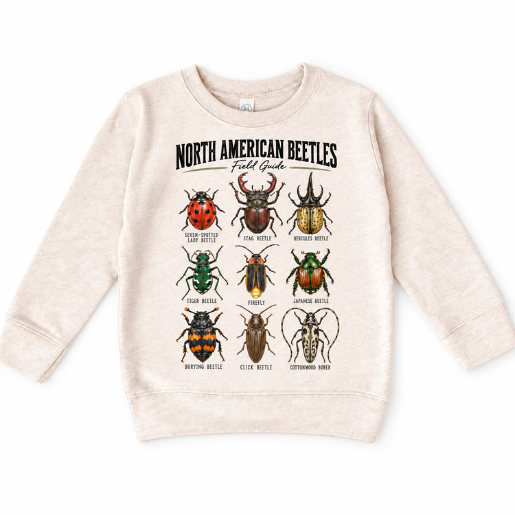 Beetle field guide graphic on a natural heather sweatshirt