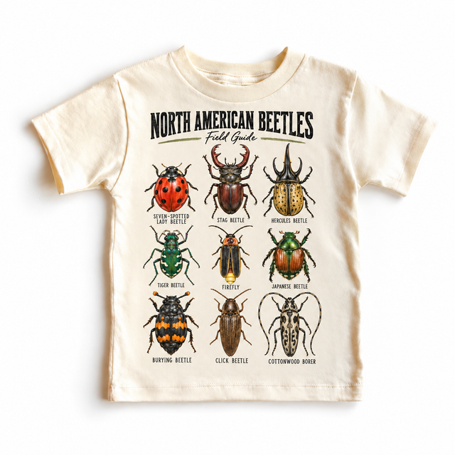 Beetle field guide graphic on a natural short sleeve tee