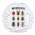 Beetle field guide graphic on a white long sleeve tee
