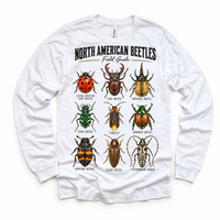 Beetle field guide graphic on a white long sleeve tee