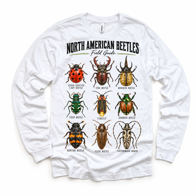 Beetle field guide graphic on a white long sleeve tee