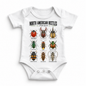 Beetle field guide graphic on a white baby bodysuit