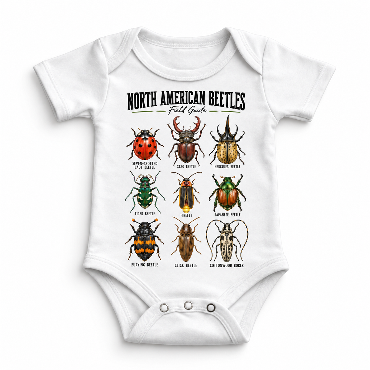 Beetle field guide graphic on a white baby bodysuit