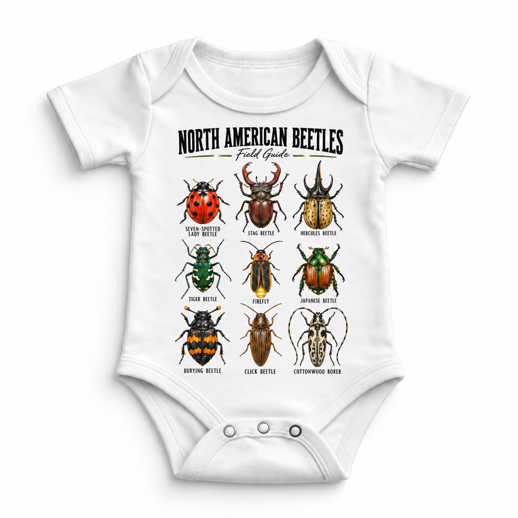 Beetle field guide graphic on a white baby bodysuit