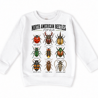 Beetle field guide graphic on a white sweatshirt