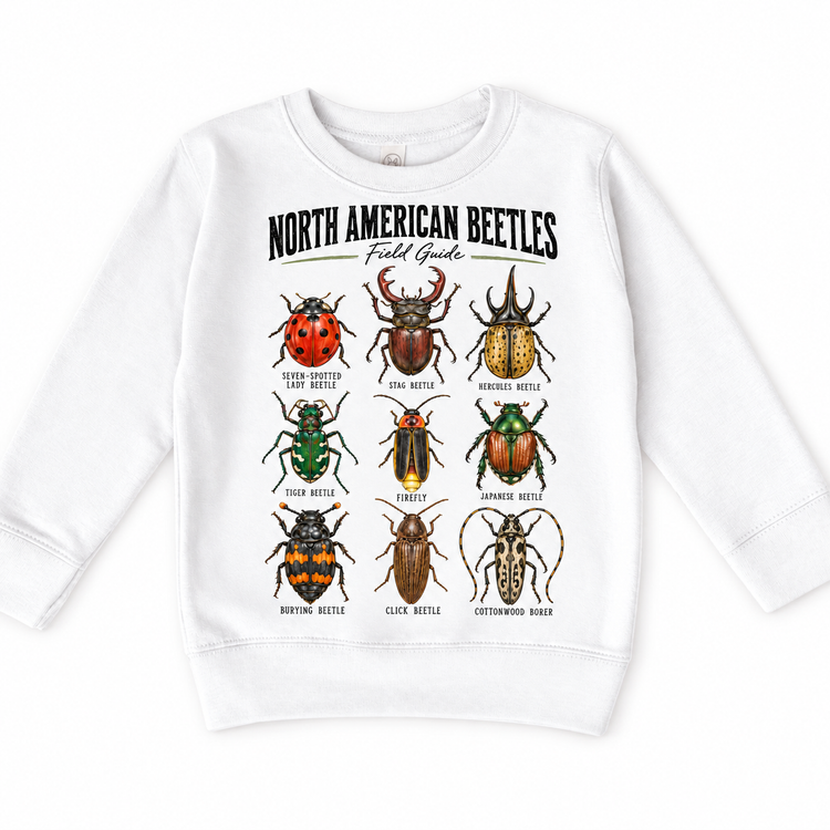 Beetle field guide graphic on a white sweatshirt