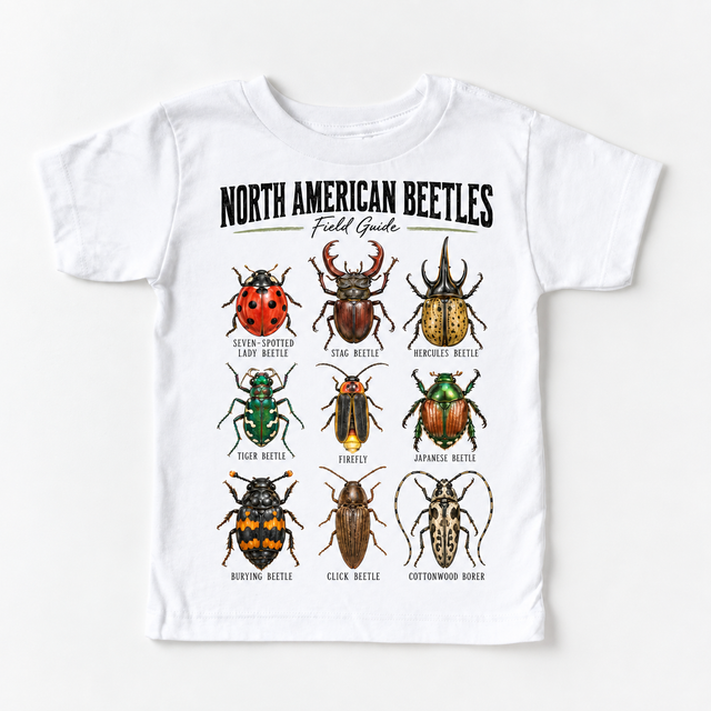 Beetle field guide graphic on a white short sleeve tee