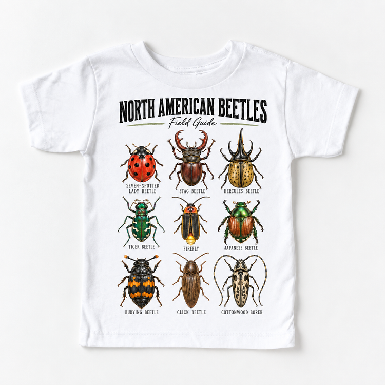 Beetle field guide graphic on a white short sleeve tee