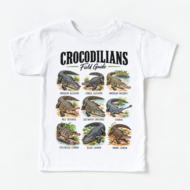 Crocodilian field guide graphic on White Short Sleeve Tee