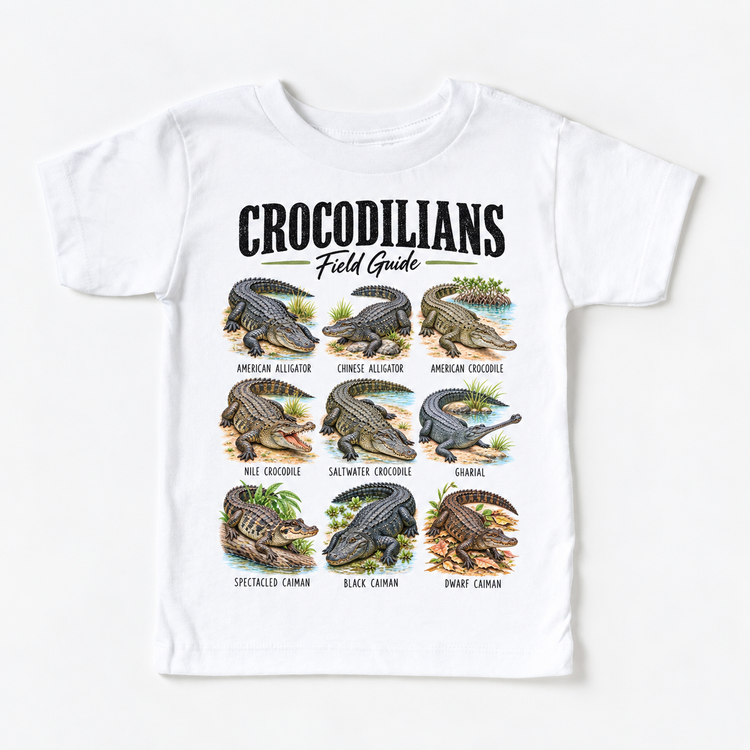 Crocodilian field guide graphic on White Short Sleeve Tee
