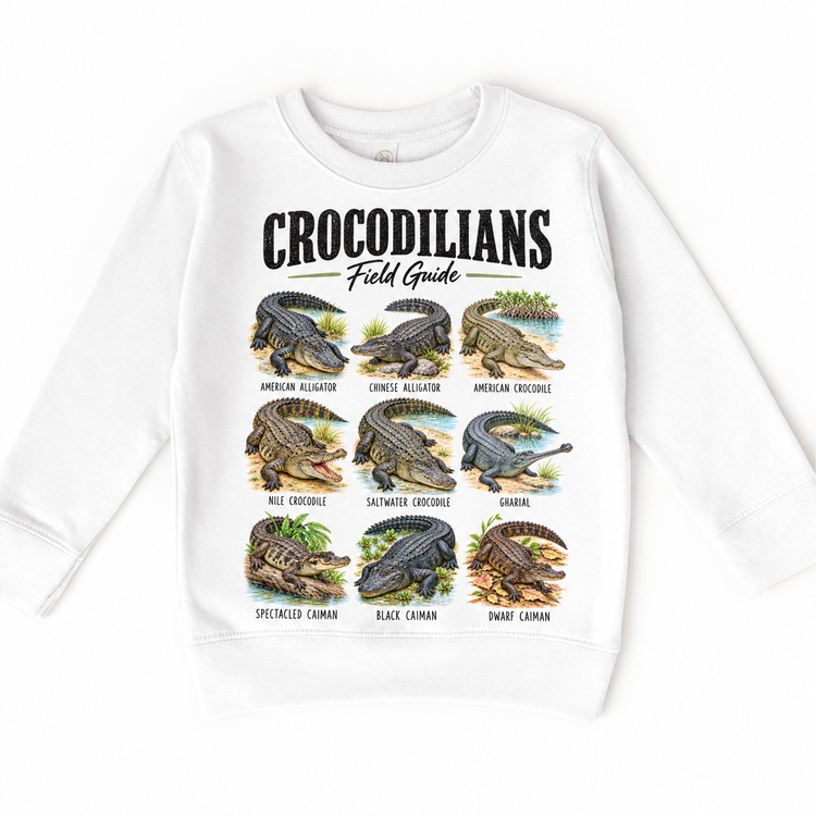 Crocodilian field guide graphic on White Sweatshirt