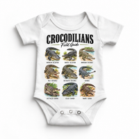Crocodilian field guide graphic on White Onesie