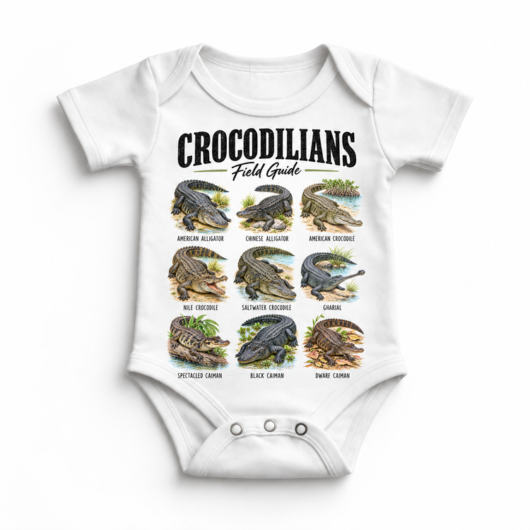 Crocodilian field guide graphic on White Onesie