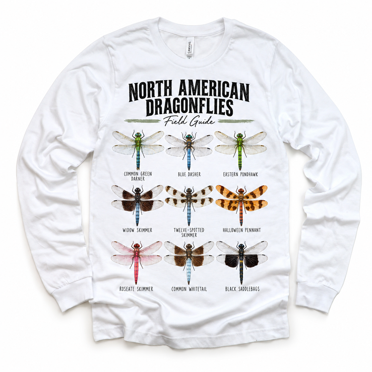 Dragonfly field guide graphic on White Long Sleeve Tee
