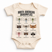 Dragonfly field guide graphic on Natural Onesie