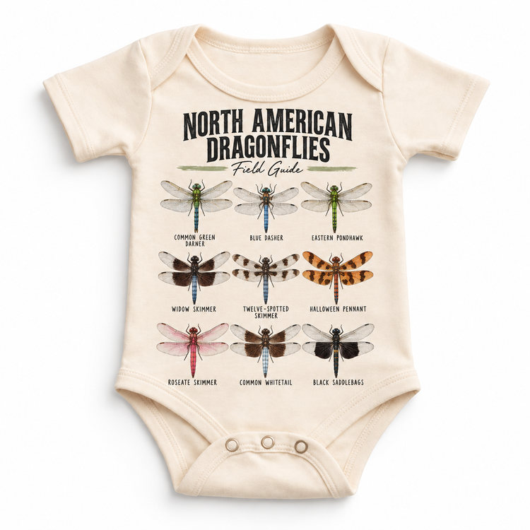 Dragonfly field guide graphic on Natural Onesie