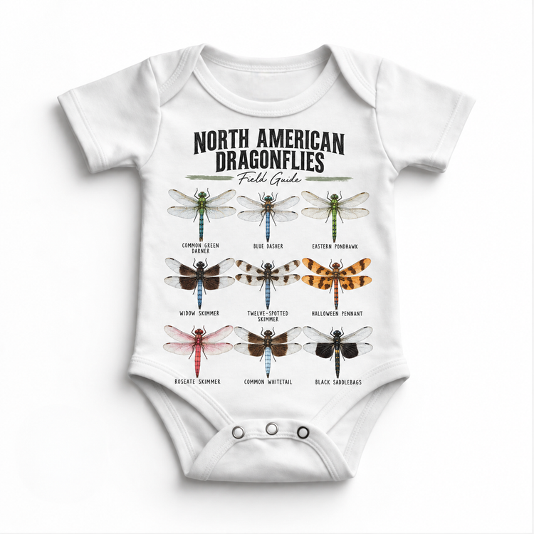 Dragonfly field guide graphic on White Onesie