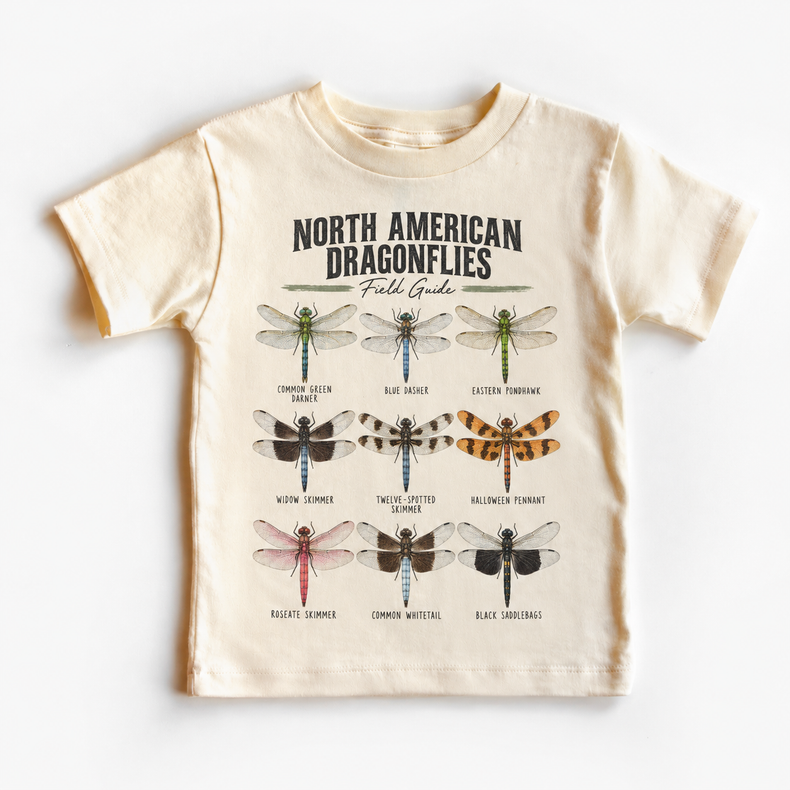 Dragonfly field guide graphic on natural short sleeve tee