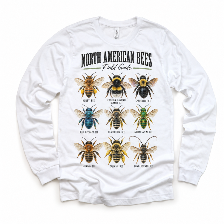 Bee field guide graphic on White Long Sleeve Tee