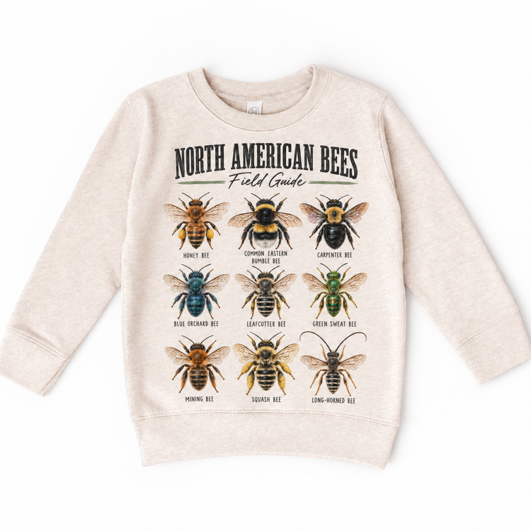 Bee field guide graphic on Natural Heather Sweatshirt
