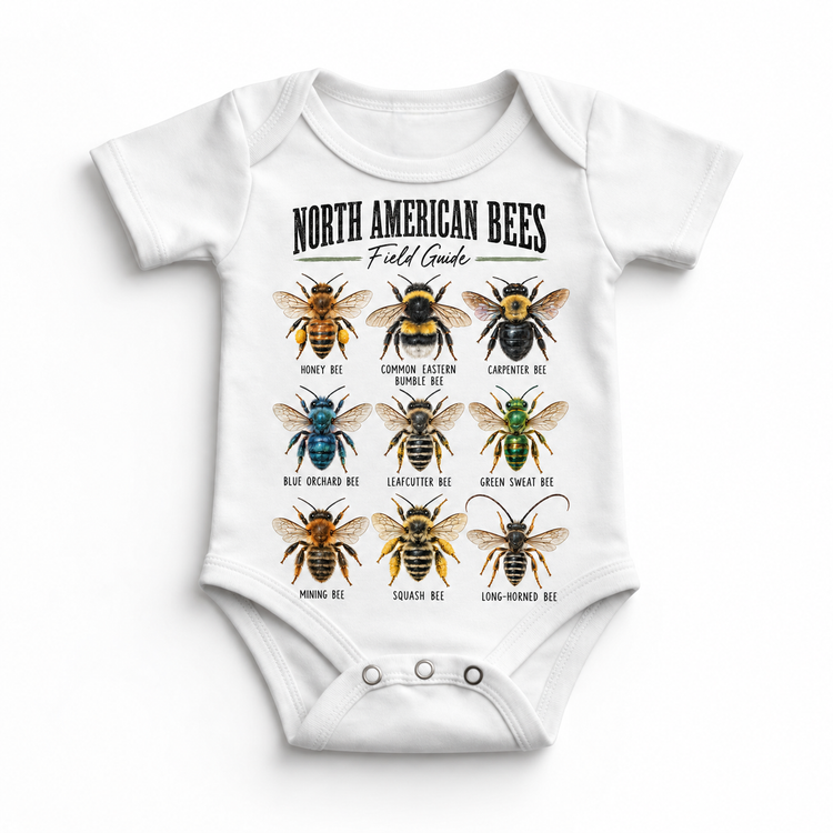 Bee field guide graphic on White Onesie