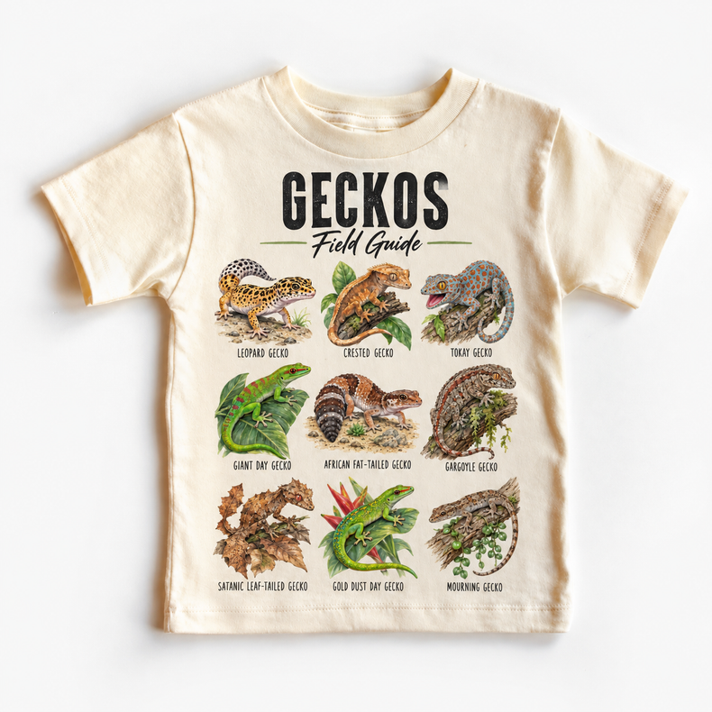 Gecko field guide graphic on Natural Short Sleeve Tee