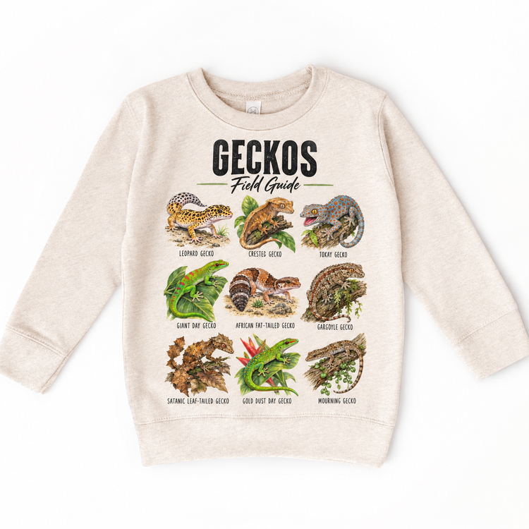 Gecko field guide graphic on Natural Heather Sweatshirt
