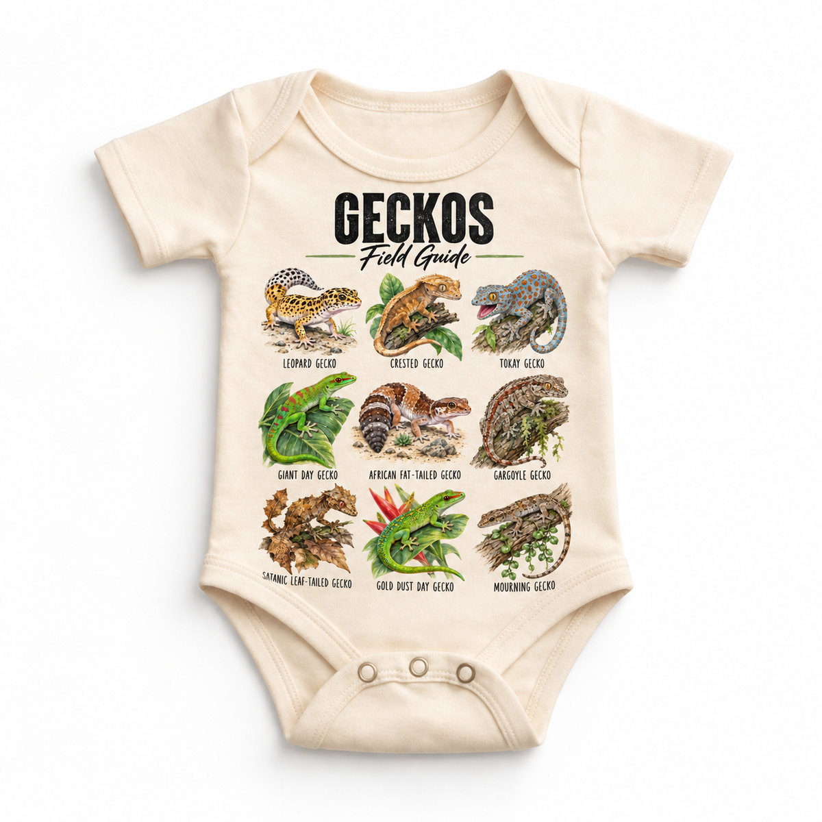 Gecko field guide graphic on Natural Onesie