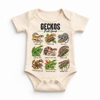 Gecko field guide graphic on Natural Onesie