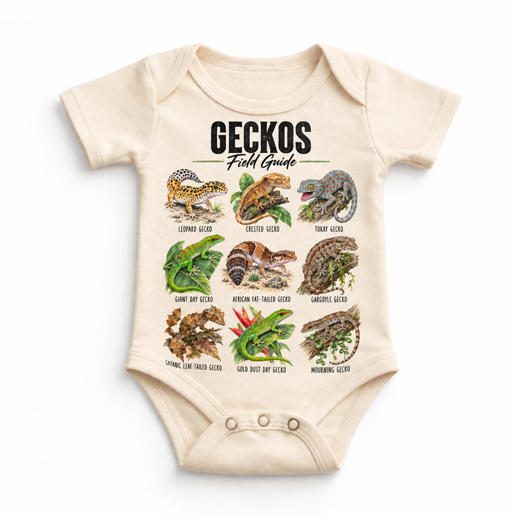 Gecko field guide graphic on Natural Onesie