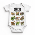 Gecko field guide graphic on White Onesie