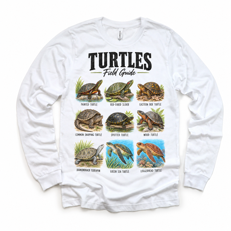 Turtle field guide graphic on White Long Sleeve Tee