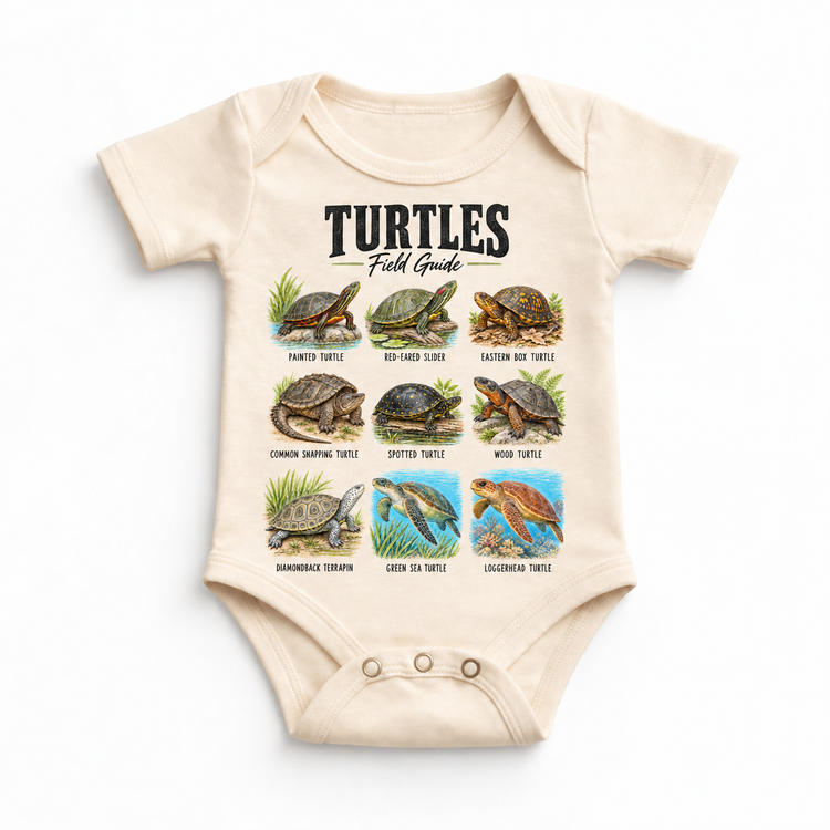 Turtle field guide graphic on Natural Onesie