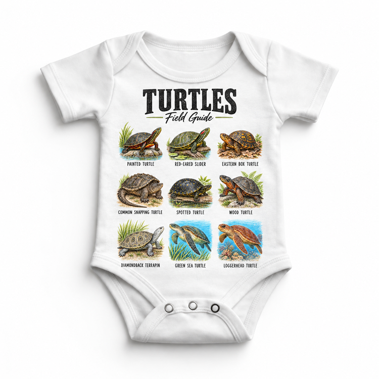 Turtle field guide graphic on White Onesie