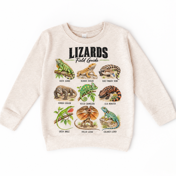 Lizard field guide graphic on Natural Heather Sweatshirt