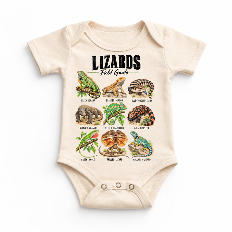 Lizard field guide graphic on Natural Onesie