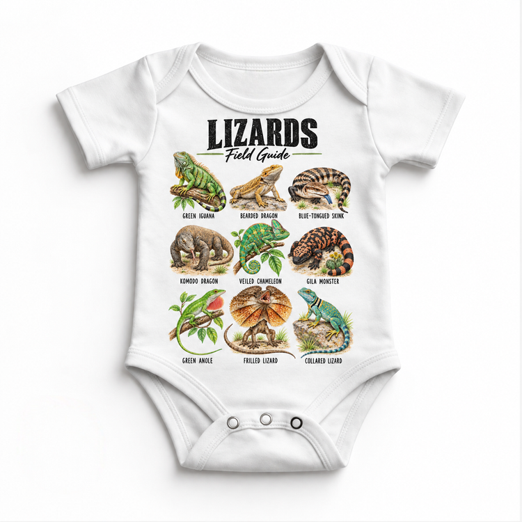 Lizard field guide graphic on White Onesie