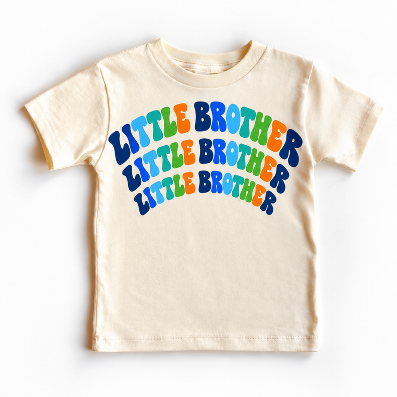 Little Brother colorful arched lettering on natural tee