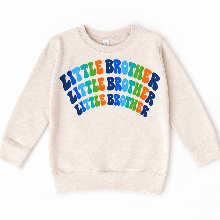 Little Brother colorful arched lettering on natural heather sweatshirt