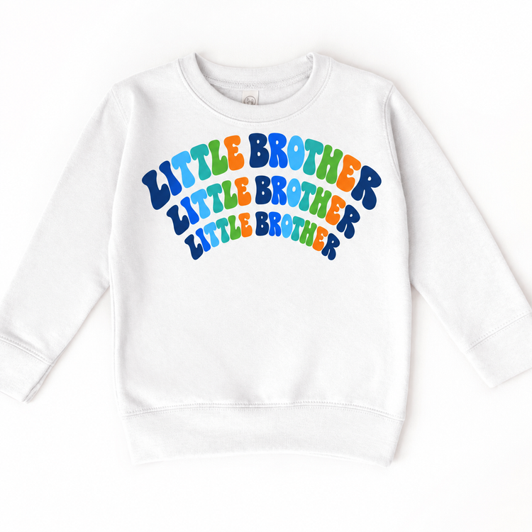 Little Brother colorful arched lettering on white sweatshirt
