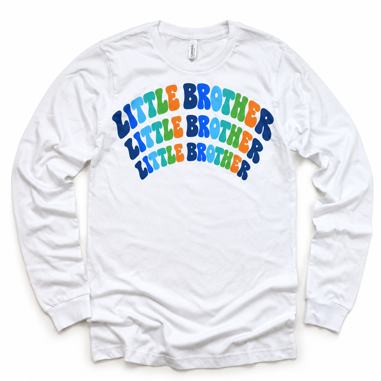 Little Brother colorful arched lettering on white long sleeve tee