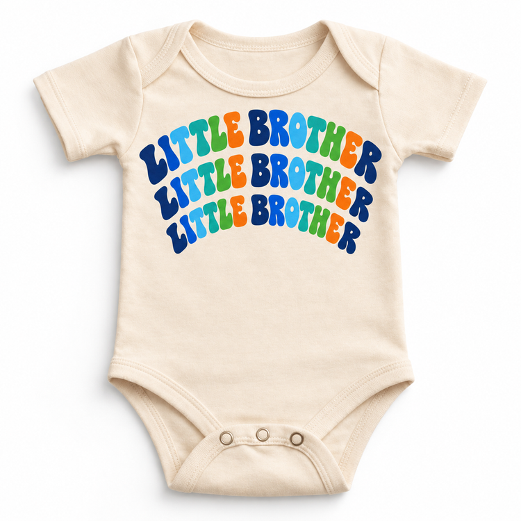Little Brother colorful arched lettering on natural baby bodysuit