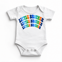 Little Brother colorful arched lettering on white baby bodysuit