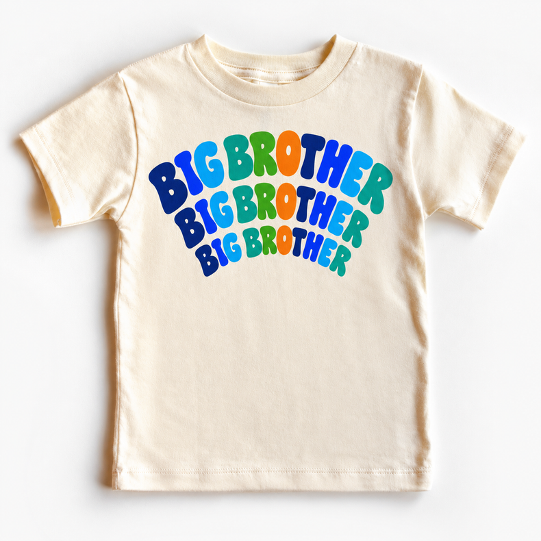 Big Brother colorful arched lettering on natural tee