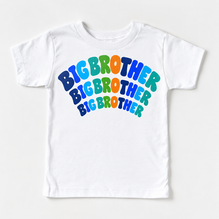 Big Brother colorful arched lettering on white tee